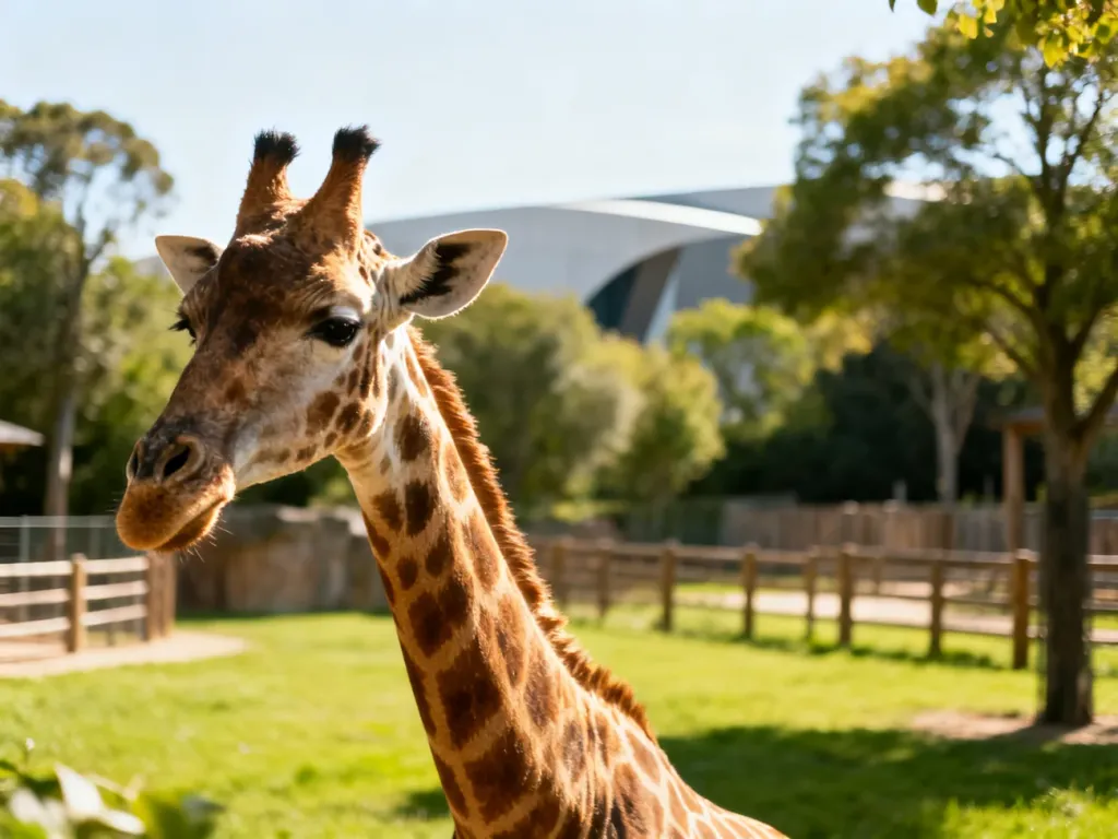 Żyrafa w zielonym wybiegu w zoo we Wrocławiu, zachęcająca do odwiedzin i spacerów po ogrodzie.