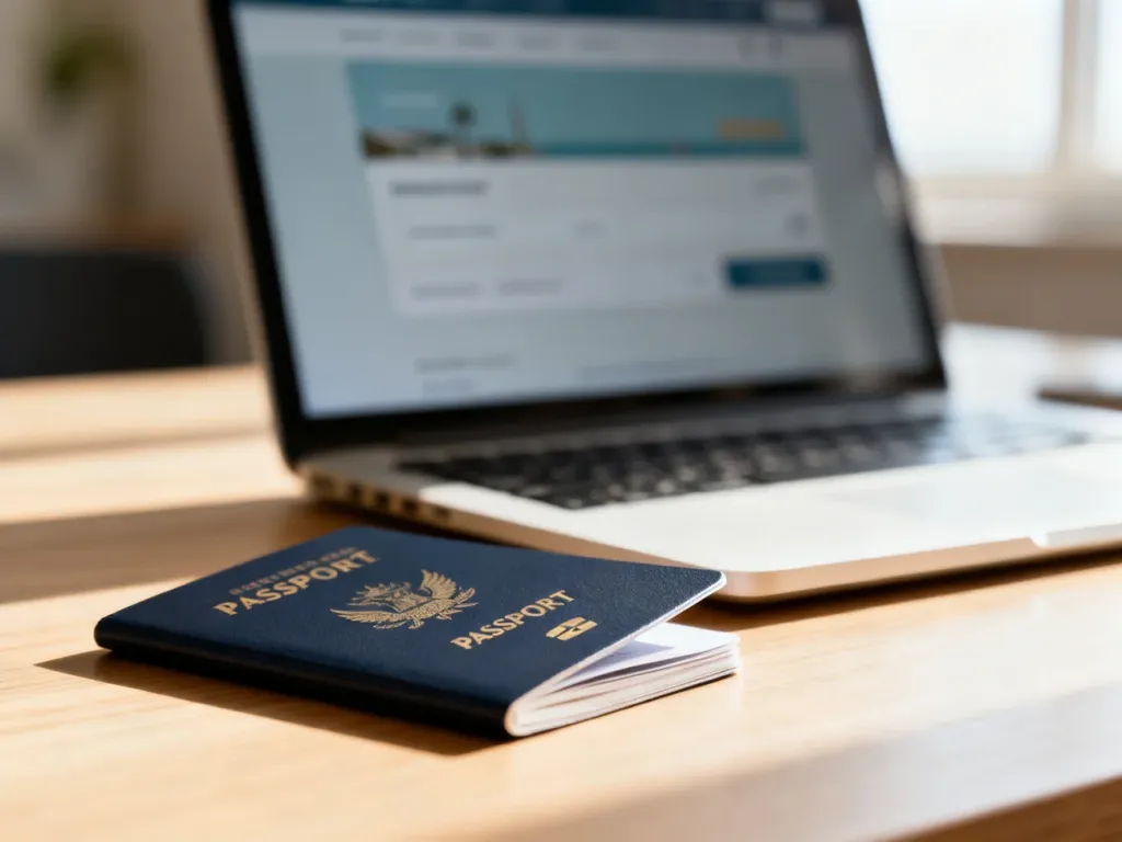 Paszport leżący na biurku obok laptopa z otwartą stroną rezerwacji lotów, przygotowany do zakupu biletu Ryanair.